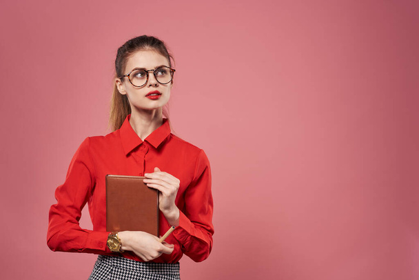 Woman wearing glasses red shirt secretary finance lifestyle Professional - Zdjęcie, obraz
