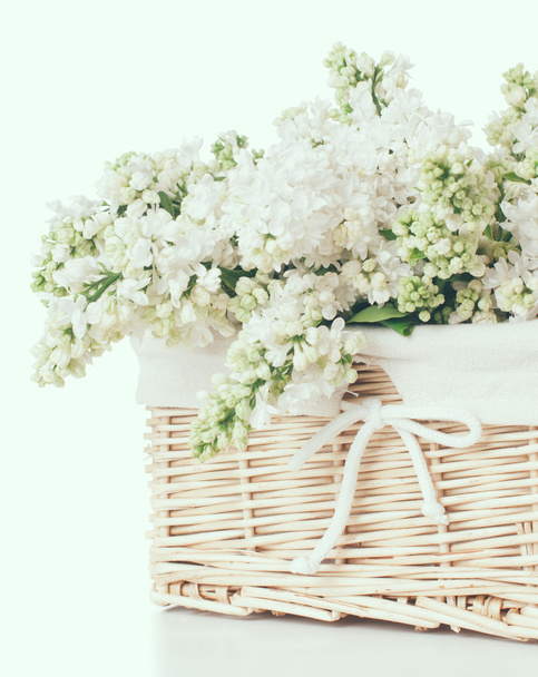 枝編み細工品バスケットで白いライラック色の花 - 写真・画像