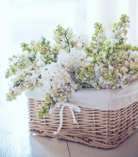 flores lilás brancas em uma cesta de vime
 - Foto, Imagem
