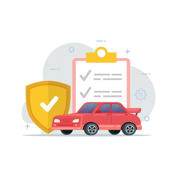 Ochrona ubezpieczenia samochodu z dokumentem umowy i tarcza wektor płaska ilustracja - Wektor, obraz