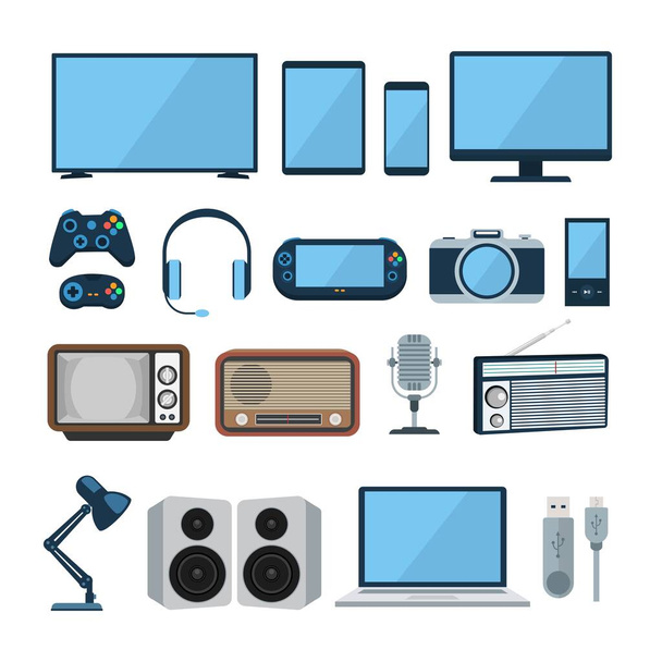 Set di gadget di design piatto e dispositivo elettronico per illustrazione vettoriale aziendale - Vettoriali, immagini