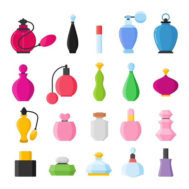 Conjunto de iconos de botellas de perfume aislados en la ilustración del vector de fondo blanco - Vector, imagen
