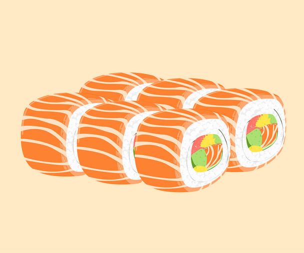 Rolada sushi. Zestaw sushi łosoś roll Japoński styl żywności. łosoś, ogórek, omlet, wodorosty morskie. Ilustracja izolowanego wektora - Wektor, obraz