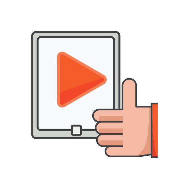 thumbs up on smartphone with play icon. mobile entertainment illustration. Flat vector icon. can use for, icon design element,ui, web, mobile app. - Vector, Image