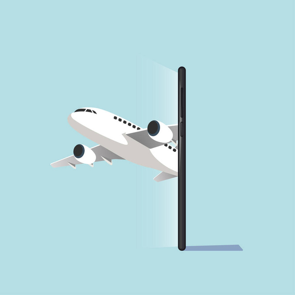 Cyan arka planda izole edilmiş online rezervasyon hizmetini temsil eden cep telefonu ekranında tasvir edilen modern uçağın vektör çizimi - Vektör, Görsel