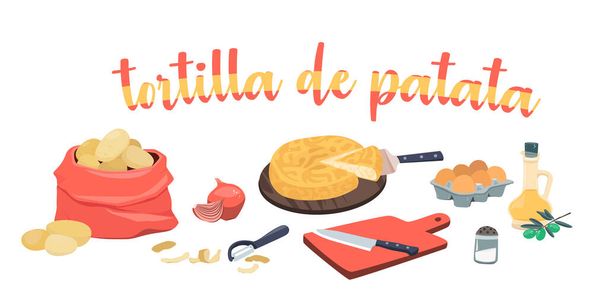 Hiszpańskie składniki omletów ziemniaczanych - tortilla de patata. Oliwa z oliwek, cebula, ziemniaki, jajka, deska do krojenia i nóż. Ilustracja wektora na białym tle. - Wektor, obraz