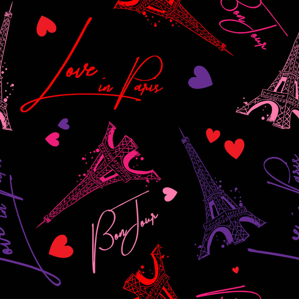 Muoti saumaton kuvio. Bonjour Pariisi. kuvio alkuperäinen kalligrafinen fontteja, luonnos Eiffel Tower ja sydän. muotivaatteet, t-paita, lapsi, käärepaperi. Luova tyttömäinen muotoilu - Vektori, kuva