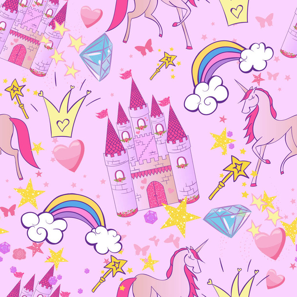 Princess zökkenőmentes minta textil kastélyok, koronák, pillangók, csillagok. Absztrakt zökkenőmentes minta lányoknak. - Vektor, kép