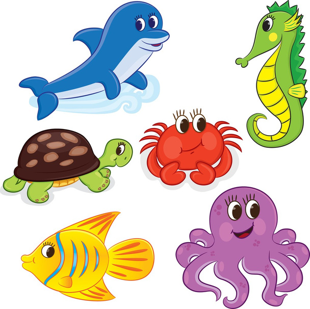 Set of outlined cartoon sea animals - Vector, Imagen