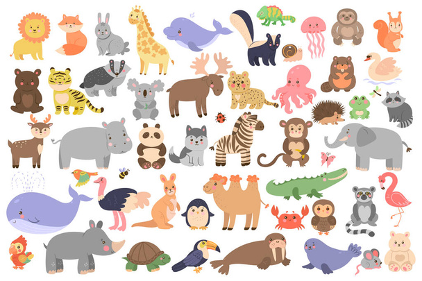 Μεγάλο σύνολο χαριτωμένα ζώα σε στυλ κινουμένων σχεδίων που απομονώνονται σε λευκό φόντο. Εικόνα διανύσματος. - Διάνυσμα, εικόνα