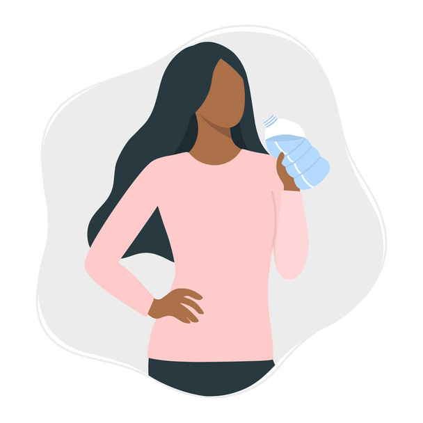 Black woman drinks water from bottle flat style vector illustration. Drink more water concept isolated on white background. - Vector, Image