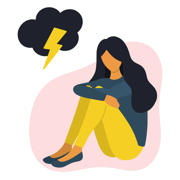 Femme assise avec des problèmes psychologiques : stress, anxiété, dépression, mauvais sentiments concept illustration vectorielle à plat. - Vecteur, image