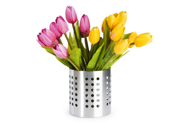 Pot of colorful tulips isolated on white - Foto, Imagen