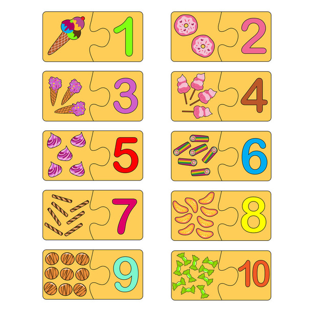 Образовательная игра для детей. Правильная версия собранных головоломок. Коллекционная головоломка с цифрами и сладостями. Изучение чисел. Игра-головоломка, Мозаика. Номера типов - Вектор,изображение