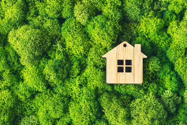 Ein kleines Spielzeughaus auf Pflanzenhintergrund als Symbol eines privaten Landhauses. Das Konzept der Immobilien in Hypotheken. - Foto, Bild