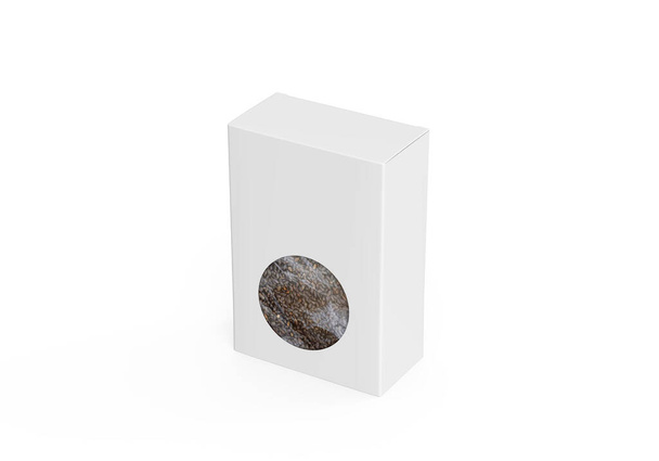 Verpackungsschachtel mit süßen Basilikumkernen, Vorlage gefälscht, weiße Blankoschachtel mit Sabja-Samen auf isoliertem weißem Hintergrund, 3D-Illustration - Foto, Bild