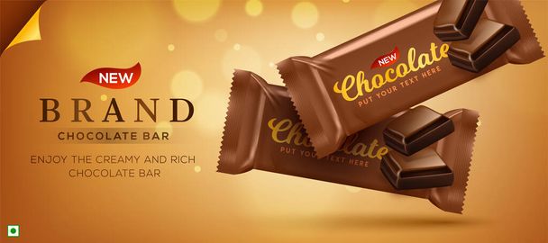 Premium-Schokoladenanzeigen in 3D-Illustration mit flüssiger Schokolade auf Bokeh-Glitzerhintergrund - Vektor, Bild