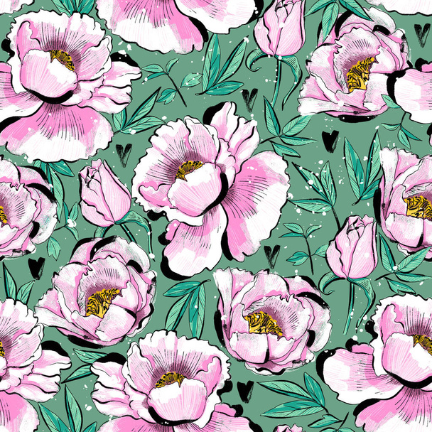 Květinový design s pivoňky Bezešvé ilustrace s jarní kvetoucí květy - Fotografie, Obrázek