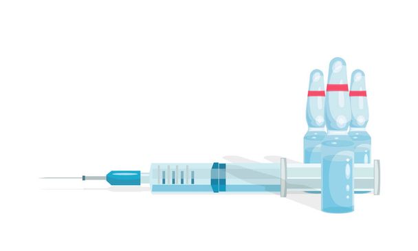 Ampoules vaccinales. Injection de seringue. Flacon médical en verre avec liquide. Ampoule avec vaccin. - Vecteur, image
