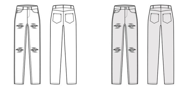 リップジーンズ遭難デニムパンツ技術的なファッションイラストでフル長さ、ローウエスト、上昇、 5ポケット、リベット - ベクター画像