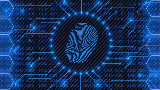 Fingerabdruck-Logo - abstrakter blauer Hintergrund eines 4-stelligen Binärcodes hinter Verbindungslinien zwischen Wabenelementen - Identifikationssystem für Sicherheitsscans mit biometrischer Autorisierung - 3D-Illustration - Foto, Bild