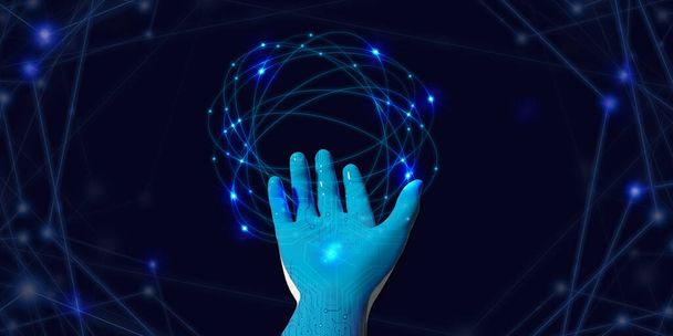 Blauwe robothand Met het licht van de technologie Presentatie concepten in het digitale tijdperk 3d illustratie - Foto, afbeelding