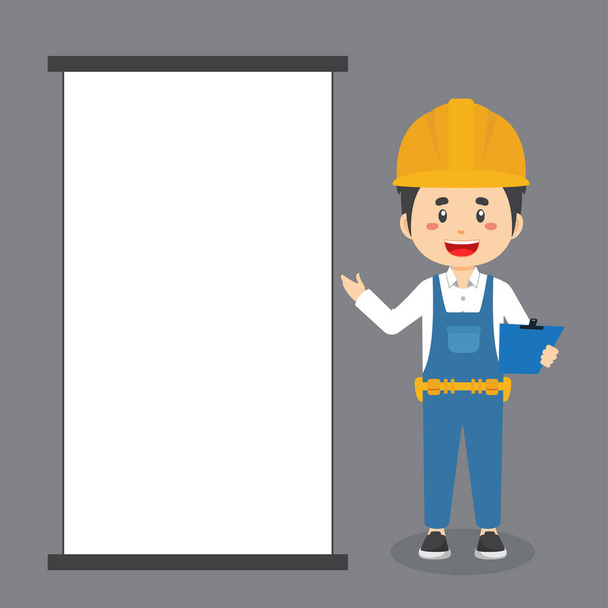 Construction Workers Character with Blank Board - Vector, Image