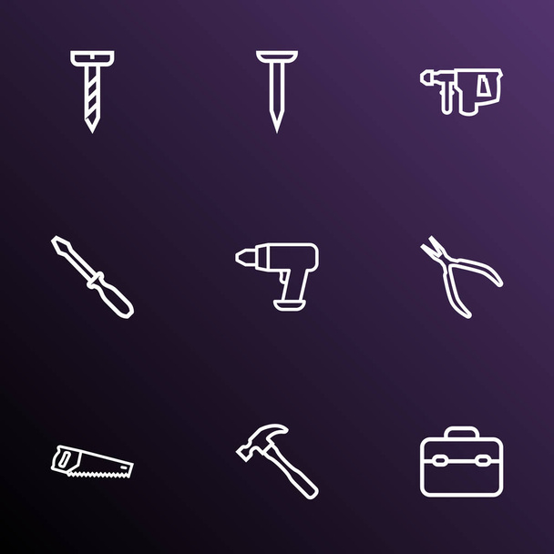 Iconos de reparación conjunto de estilo de línea con martillo, destornillador, caja de herramientas y otros elementos de perno. Iconos de reparación de ilustración vectorial aislado. - Vector, imagen