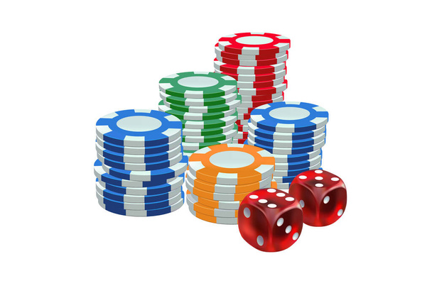 Les attributs du casino. Des jetons colorés et des dés. Illustration vectorielle 3D - Vecteur, image