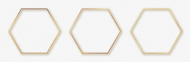 Ensemble de trois cadres hexagonaux dorés isolés sur fond transparent. Cadre brillant avec des effets lumineux. Illustration vectorielle. - Vecteur, image