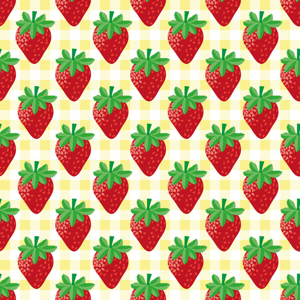 Ripe strawberry seamless vector pattern background.Painterly watercolor effect red berries on yellow gingham backdrop.Garden fruit all over print for healthy food or home grown summer picnic concept - Vector, Image