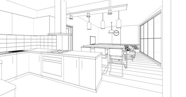kuchnia wnętrze pokój dzienny 3d ilustracja - Zdjęcie, obraz