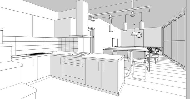 belső konyha nappali 3d illusztráció - Fotó, kép