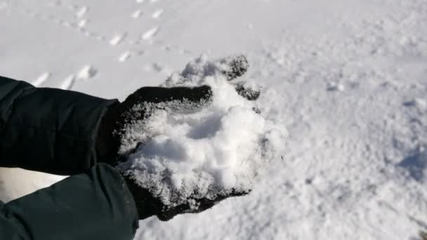 Handen in zwarte handschoenen houden witte sneeuw vast en proberen een sneeuwbal te vormen op de achtergrond van een zonnige winterdag - Video