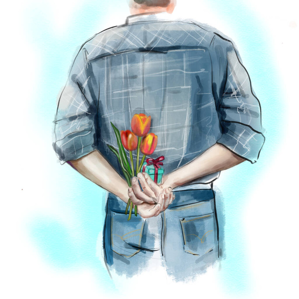 акварельна ілюстрація чоловіка, який тримає за спиною букет тюльпанів. Дизайн плакатів. Дизайн бізнесу. Святковий фон, плакат. Візитка
. - Фото, зображення