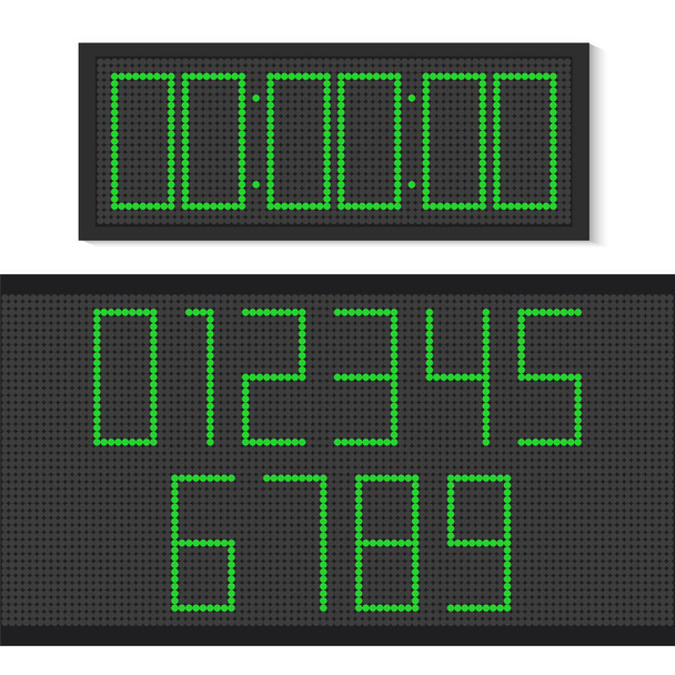 Horloge numérique et numéros avec des points lumineux verts. Tableau de bord à chiffres vectoriels  - Vecteur, image