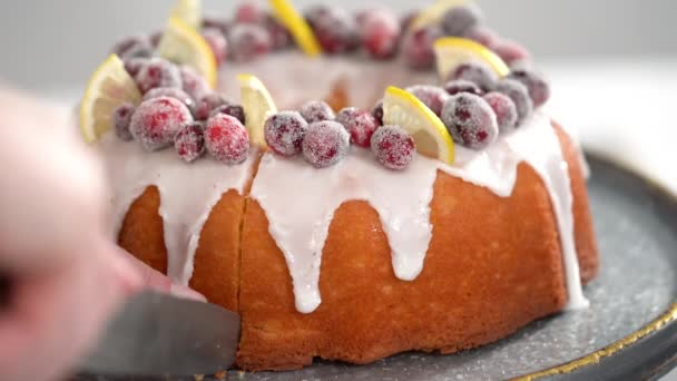 lemon cranberry bundt cake decorated with sugar cranberries and lemon wedges on a cake stand. - Footage, Video