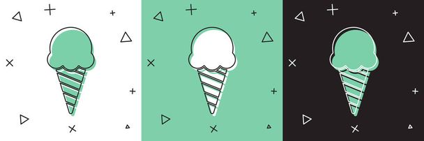 Définir la crème glacée dans une icône de cône de gaufre isolé sur fond blanc et vert, noir. Doux symbole. Illustration vectorielle. - Vecteur, image