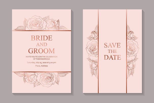 Set of luxury floral wedding invitation design or greeting card templates with rose gold flowers on a pink background. - Vector, Image