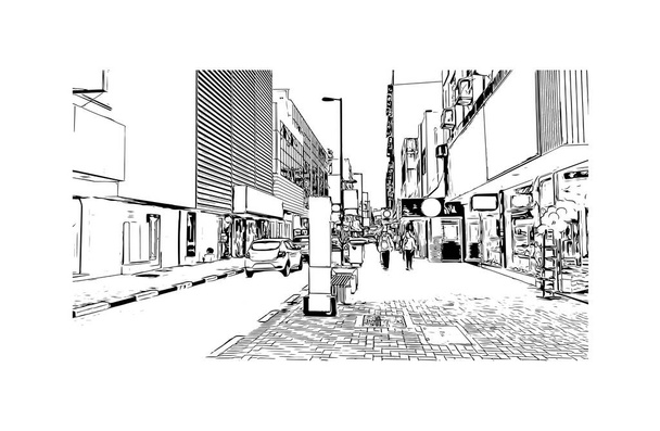 Imprimir Vista de prédio com marco de Criciuma é uma cidade do Brasil. Desenho desenhado à mão ilustração em vetor. - Vetor, Imagem