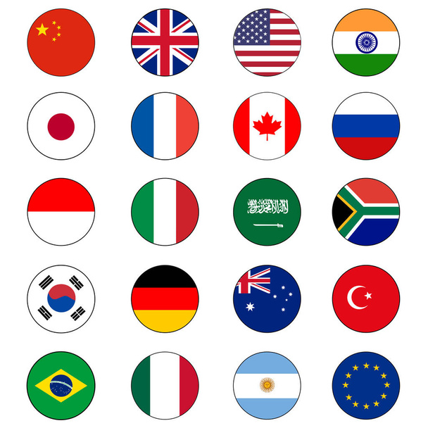 Grupa dwudziestu (20) lub ikona G-20 - zestaw przycisków Vector Circle dla globalnej współpracy politycznej i dyplomacji.  - Wektor, obraz