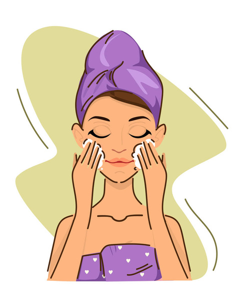 Mujer Limpia la cara haciendo tratamientos de belleza en casa. Cuidado facial. vector - Vector, imagen