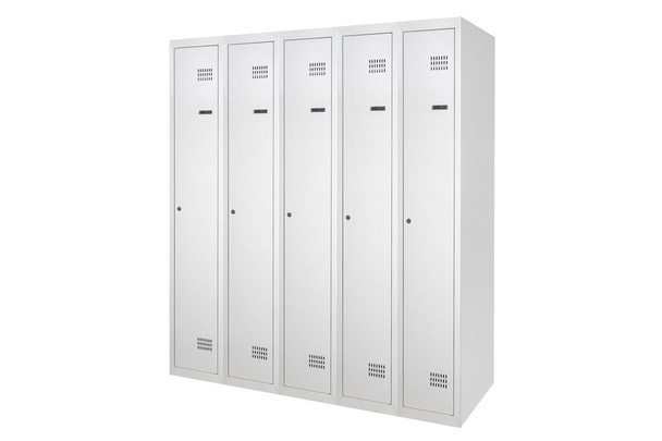 Белые шкафчики с серебряными номерами в светлом интерьере. Ряды металлических коробок - Фото, изображение
