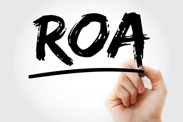 ROA -マーカー付きアセットの頭字語のリターン、ビジネスコンセプトの背景 - 写真・画像