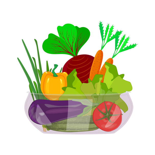 Vegetables in bowl isolated on white background. Bell, carrot, tomato, pepper, onion, lettuce, beetroot, zucchini, eggplant in glass plate. Vegetables assorted in dish. Concept fresh, natural, healthy food. Stock vector illustration - Vector, Image