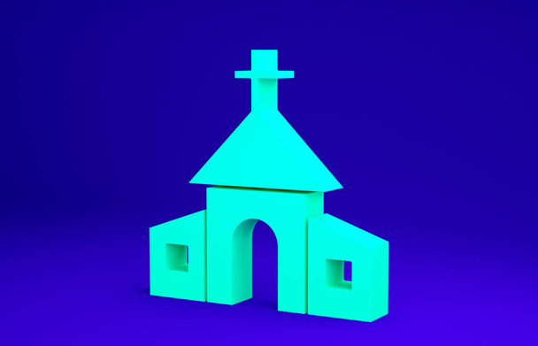 青の背景に隔離された緑の教会の建物のアイコン。キリスト教会。教会の宗教。最小限の概念。3Dイラスト3Dレンダリング. - 写真・画像