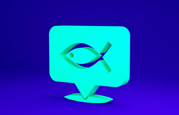 Icono de símbolo de pez cristiano verde aislado sobre fondo azul. Jesús pez símbolo. Concepto minimalista. 3D ilustración 3D render. - Foto, imagen