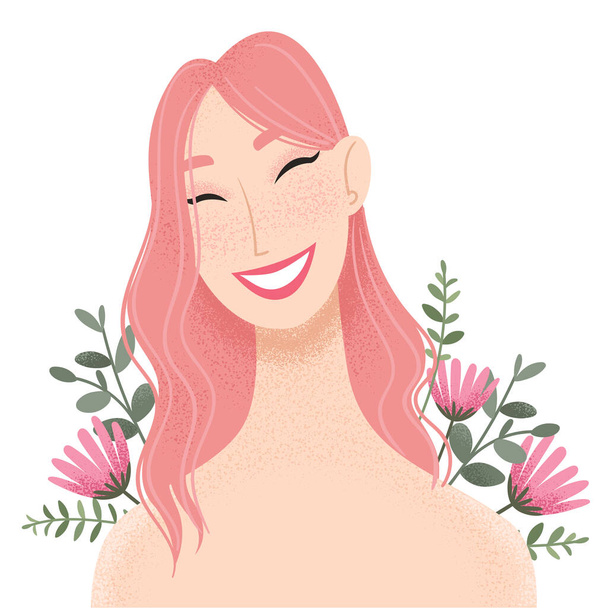 Женский портрет красоты украшен розовыми цветами. Улыбающаяся молодая азиатка аватар. Девушка с розовыми волосами. - Вектор,изображение