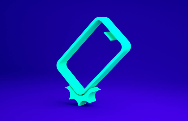 Icona del telefono cellulare verde antiurto isolata su sfondo blu. Concetto minimalista. Illustrazione 3d rendering 3D. - Foto, immagini