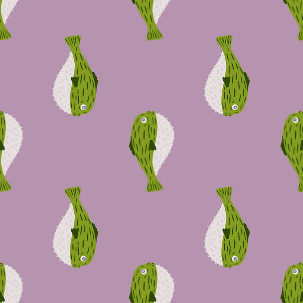 Decoratieve naadloze aqua patroon met groene doodle kogelvis ornament. Pastel paarse achtergrond. Eenvoudig ontwerp. Perfect voor stof ontwerp, textiel print, verpakking, cover. Vectorillustratie. - Vector, afbeelding